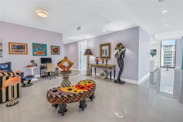 rec room featuring light tile patterned floors, baseboards, visible vents, and recessed lighting