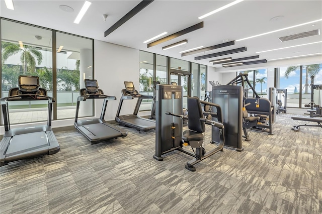 workout area with visible vents, a wall of windows, and carpet flooring