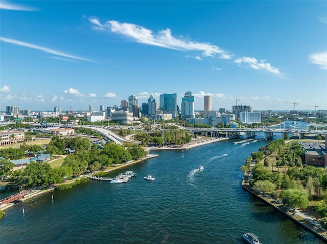 bird's eye view featuring a water view and a city view