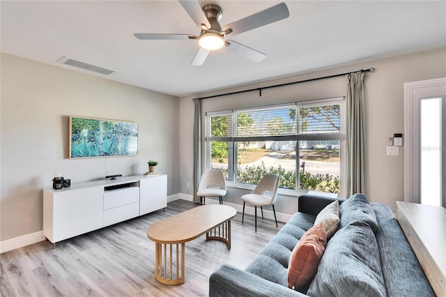 living room featuring light wood-style flooring, a ceiling fan, visible vents, and baseboards