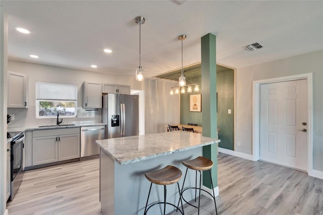 kitchen featuring visible vents, a center island, stainless steel appliances, pendant lighting, and a sink