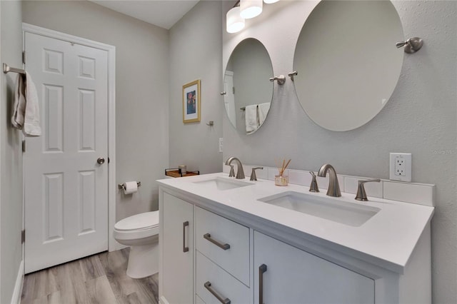 bathroom with wood finished floors, a sink, toilet, and double vanity