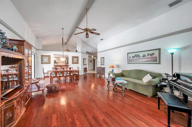 living room with ceiling fan, high vaulted ceiling, wood finished floors, visible vents, and beamed ceiling