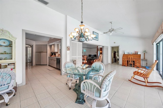 dining space with ceiling fan with notable chandelier, arched walkways, visible vents, and light tile patterned floors