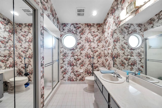 full bathroom with vanity, tile patterned floors, toilet, and wallpapered walls