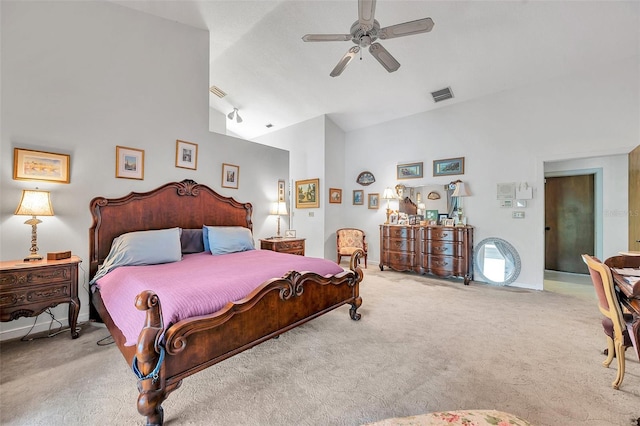 carpeted bedroom with high vaulted ceiling, a ceiling fan, visible vents, and baseboards