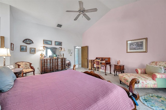 bedroom with high vaulted ceiling, visible vents, carpet flooring, and a ceiling fan