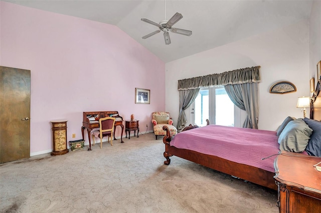 bedroom with carpet floors, ceiling fan, high vaulted ceiling, and baseboards