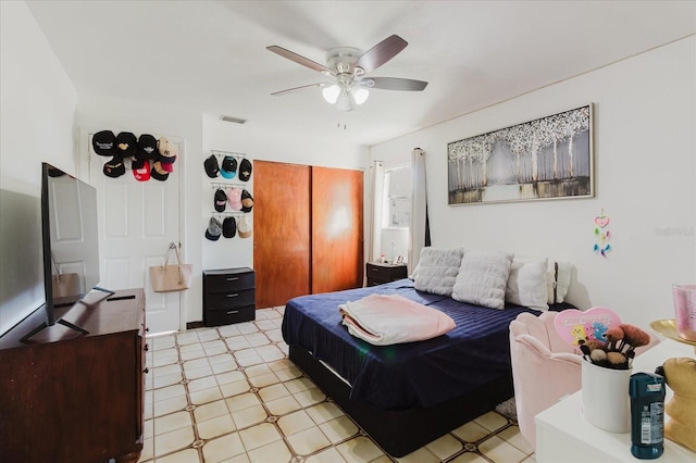 bedroom with light floors, ceiling fan, visible vents, and a closet