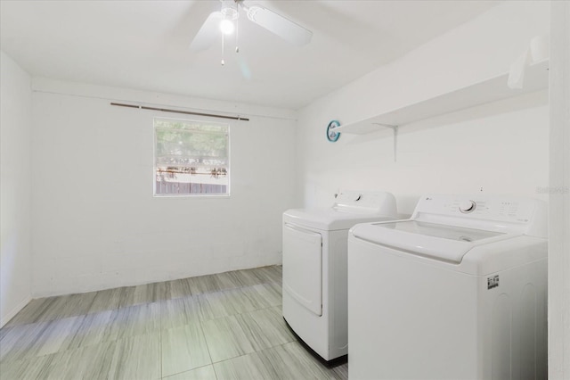 laundry area with laundry area, ceiling fan, and washer and dryer