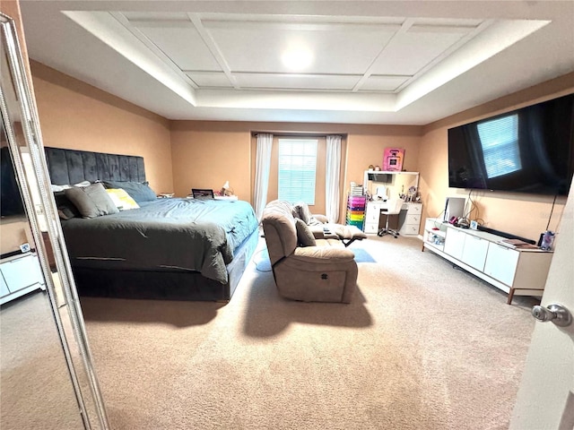 bedroom with carpet and coffered ceiling