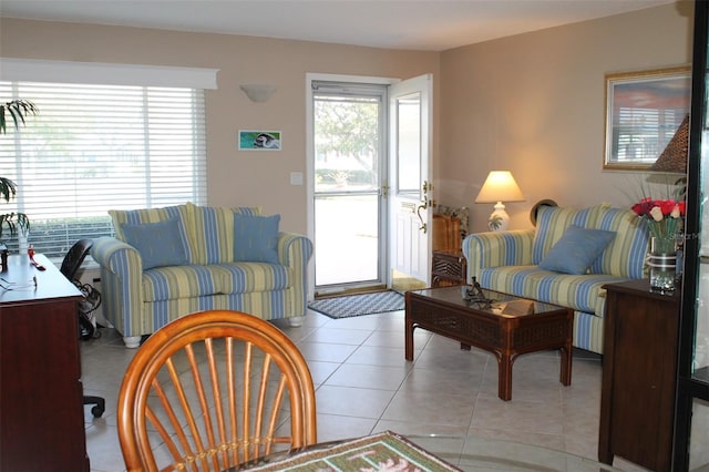 living room featuring light tile patterned floors