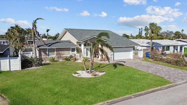 ranch-style home with an attached garage, fence, decorative driveway, and a front yard