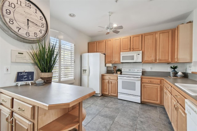 kitchen with ceiling fan, tile patterned flooring, white appliances, a sink, and open shelves