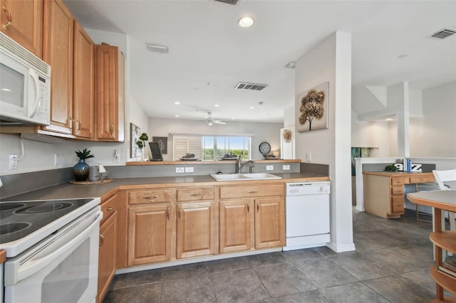 kitchen featuring white appliances, visible vents, dark countertops, a peninsula, and a sink