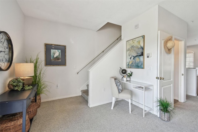 office area with baseboards and light colored carpet