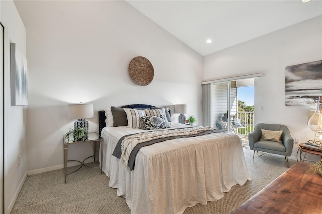bedroom featuring baseboards, light colored carpet, lofted ceiling, access to outside, and recessed lighting