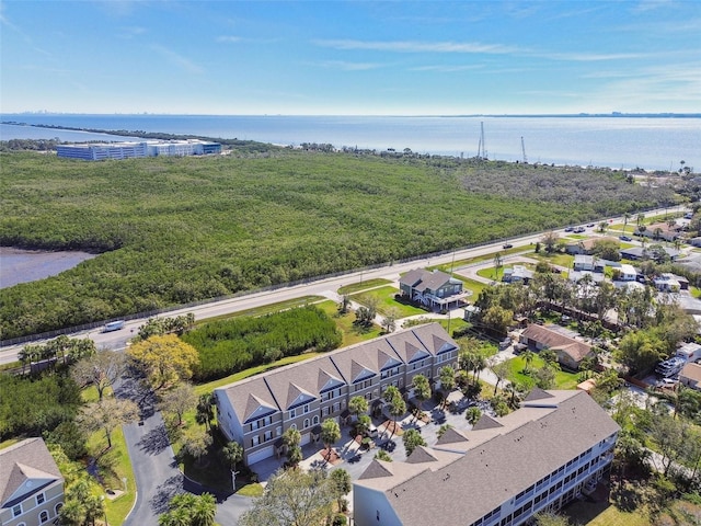 drone / aerial view with a residential view and a water view