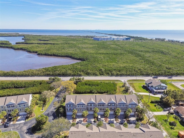 bird's eye view featuring a water view and a residential view