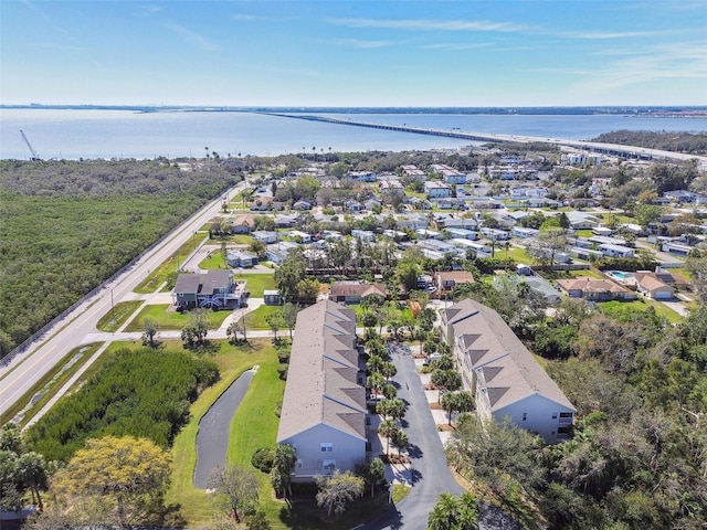 aerial view featuring a water view and a residential view