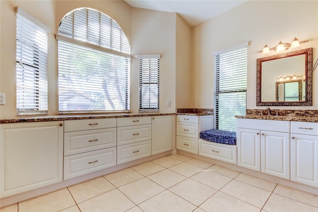 full bathroom with plenty of natural light, vanity, and tile patterned floors