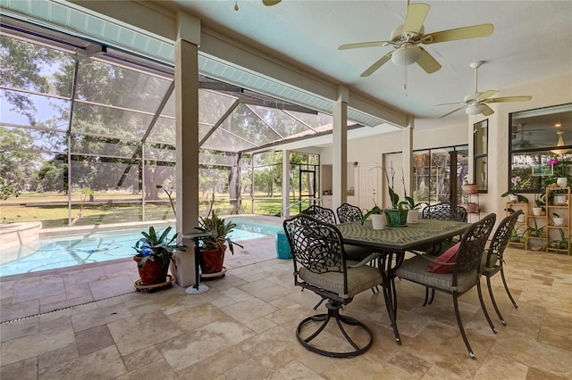 sunroom featuring a pool