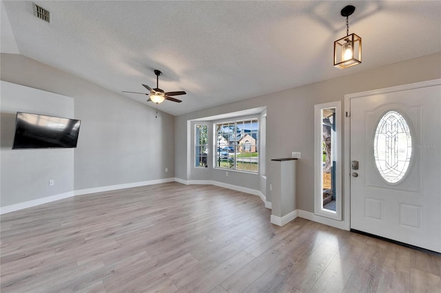 entrance foyer featuring a healthy amount of sunlight, vaulted ceiling, a textured ceiling, and light wood finished floors