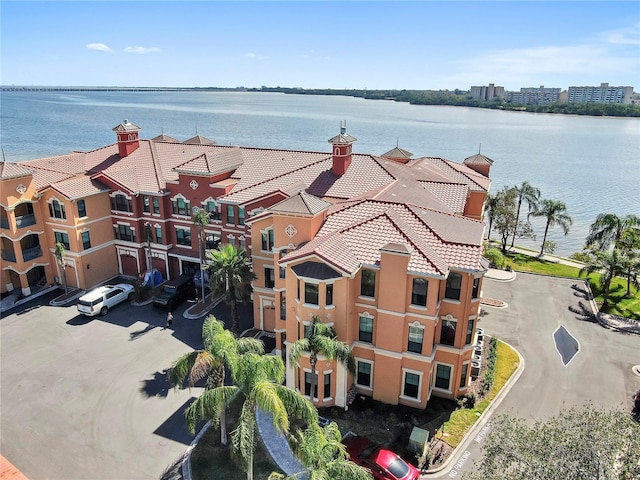 drone / aerial view featuring a water view