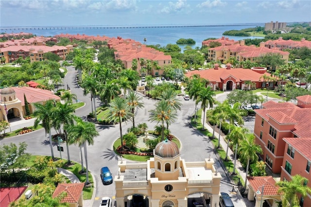 aerial view with a residential view and a water view