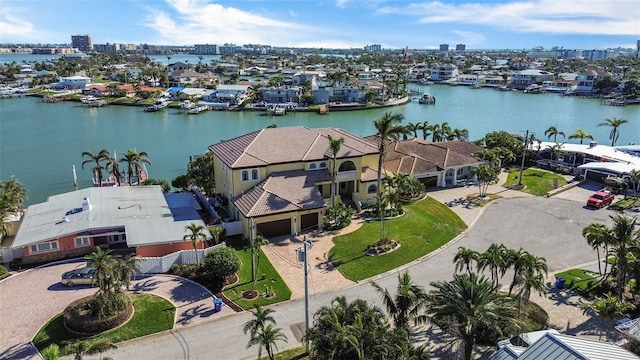 aerial view with a water view and a residential view