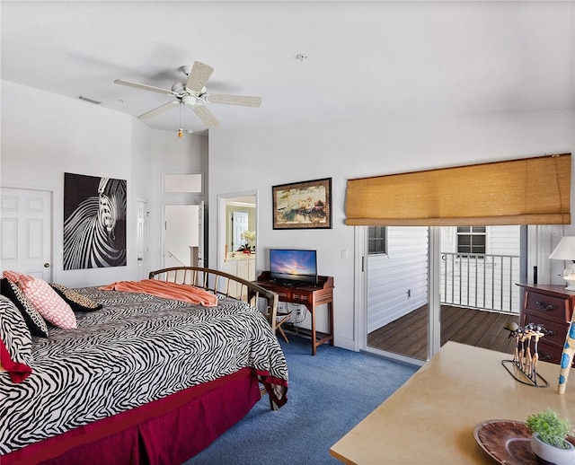 bedroom with ceiling fan, carpet flooring, visible vents, access to exterior, and vaulted ceiling