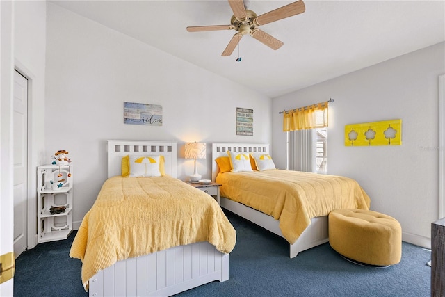 bedroom featuring a ceiling fan, lofted ceiling, and carpet flooring