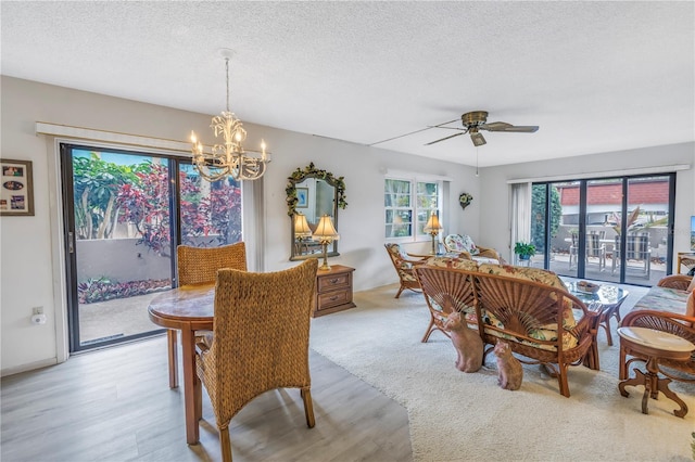 dining room featuring light wood-style floors, plenty of natural light, a textured ceiling, and ceiling fan with notable chandelier