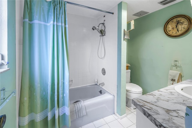 full bathroom featuring visible vents, toilet, tile patterned flooring, shower / bath combo with shower curtain, and vanity