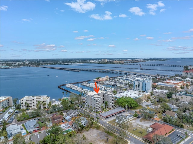 aerial view with a view of city and a water view