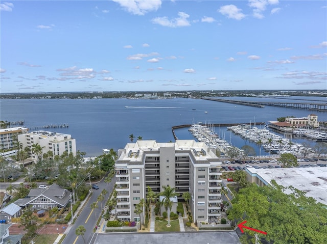 bird's eye view with a water view