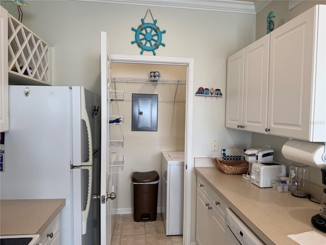 kitchen with light tile patterned flooring, white appliances, white cabinets, light countertops, and electric panel