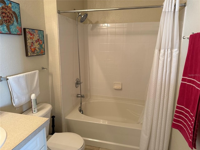 full bathroom featuring toilet, a textured wall, vanity, and shower / bathtub combination with curtain