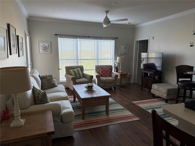 living room featuring ceiling fan, crown molding, and wood finished floors