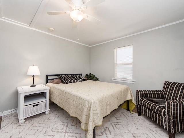 bedroom featuring a ceiling fan and crown molding