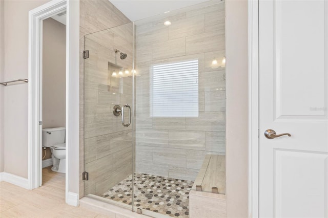 full bathroom featuring baseboards, a shower stall, and toilet