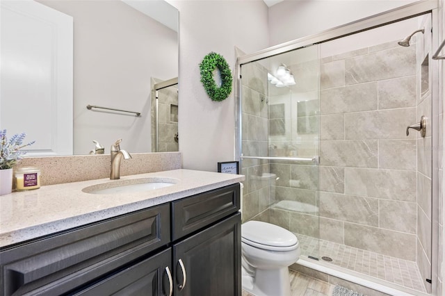 bathroom with toilet, a shower stall, and vanity