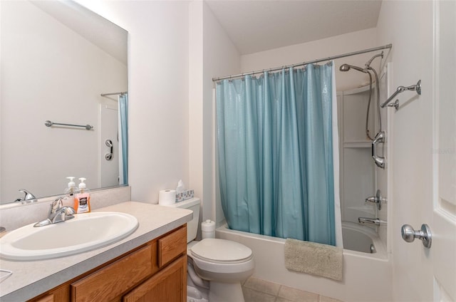 bathroom with toilet, tile patterned flooring, vanity, and shower / tub combo with curtain