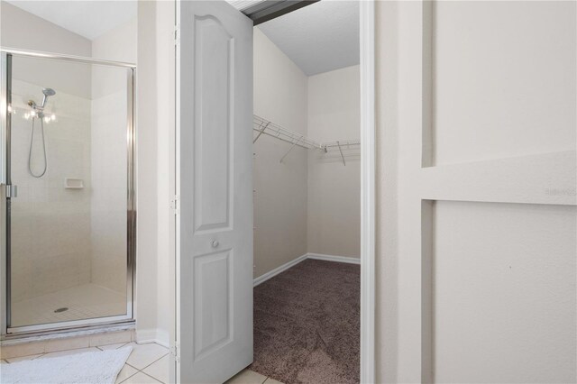 11611 Jordans Landing Ct, Riverview, FL 33569 - full bathroom with a stall shower, tile patterned flooring, baseboards, and a walk in closet