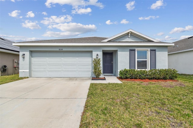 ranch-style house with a front yard, an attached garage, concrete driveway, and stucco siding