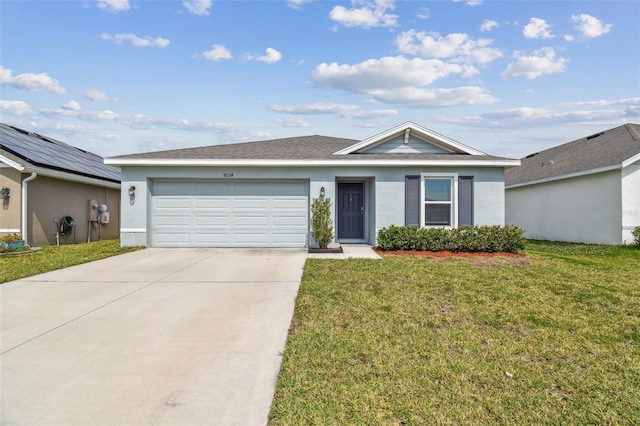 single story home featuring stucco siding, an attached garage, driveway, and a front lawn