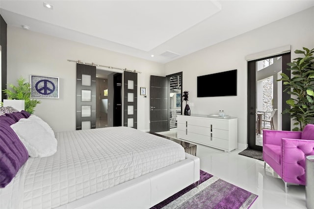 bedroom featuring access to outside, a barn door, light tile patterned flooring, and recessed lighting