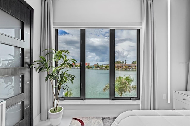 bedroom featuring a water view and multiple windows