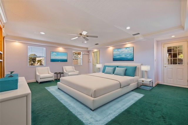 bedroom with baseboards, visible vents, dark colored carpet, and ornamental molding