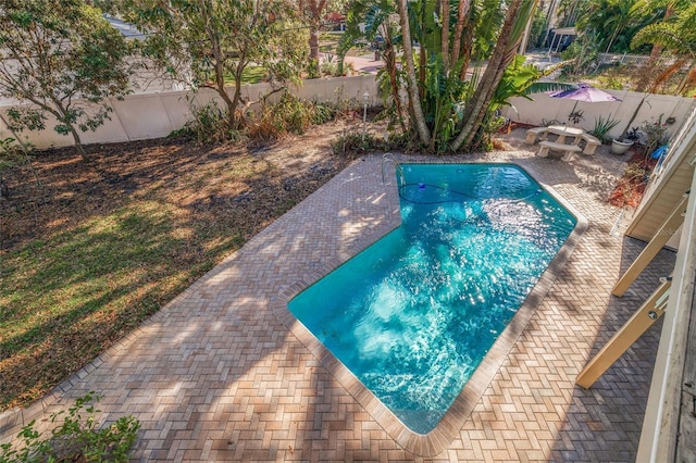 view of pool featuring a patio, a fenced backyard, and a fenced in pool